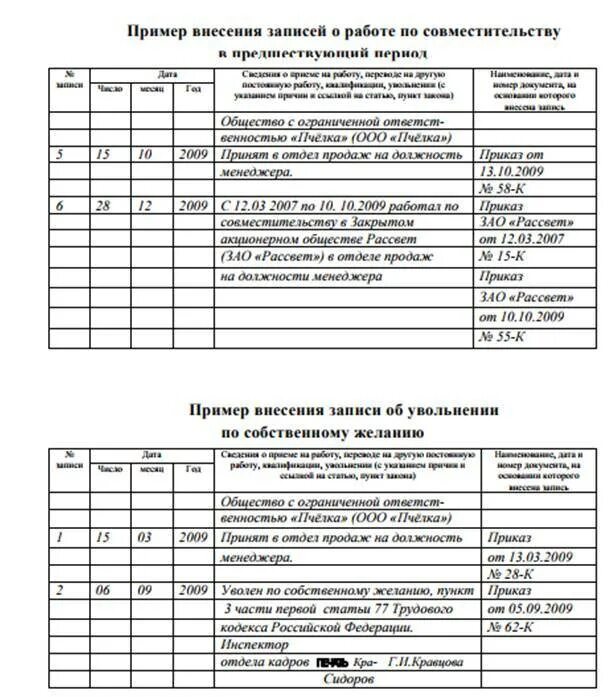 Как сделать запись в трудовой книжке о работе по совместительству. Запись по совместительству в трудовой книжке образец. Запись в трудовой книжке по совместительству в другой организации. Запись в трудовой о работе по совместительству. Увольнение совместителя запись в трудовой