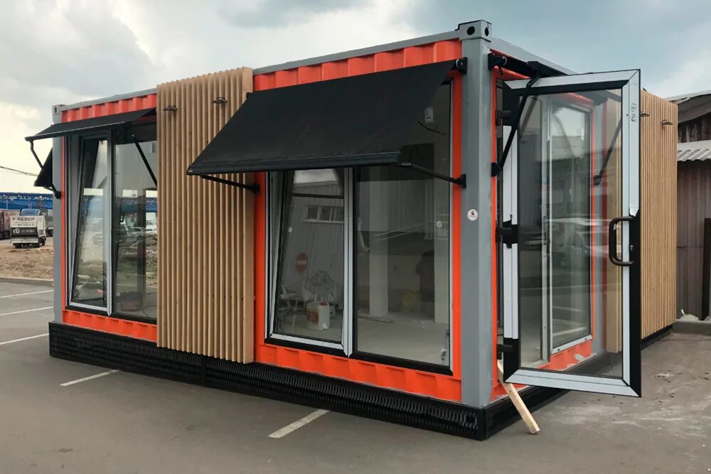 Передвижной торговый павильон. Дом киоск. Быстровозводимые торговые павильоны. Малые архитектурные формы киоски. Павельонс панорамным остеклением.