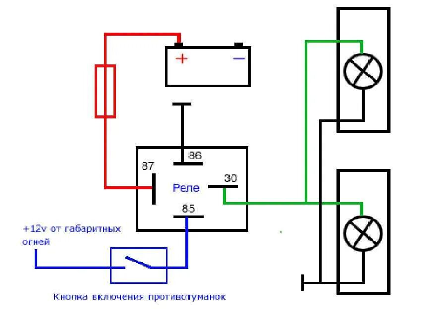 Подключение фары ваз 2114. ПТФ от генератора через реле на ВАЗ 2114. Реле 23.3787 схема подключения туманок через реле и кнопку. Схема подключения реле противотуманных фар 4 контактное. Схема подключения ПТФ Приора.