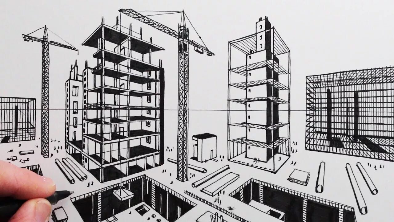 Перспектива строительная площадка. Перспектива в строительстве. Construction в рисование. Тени в перспективе здания.