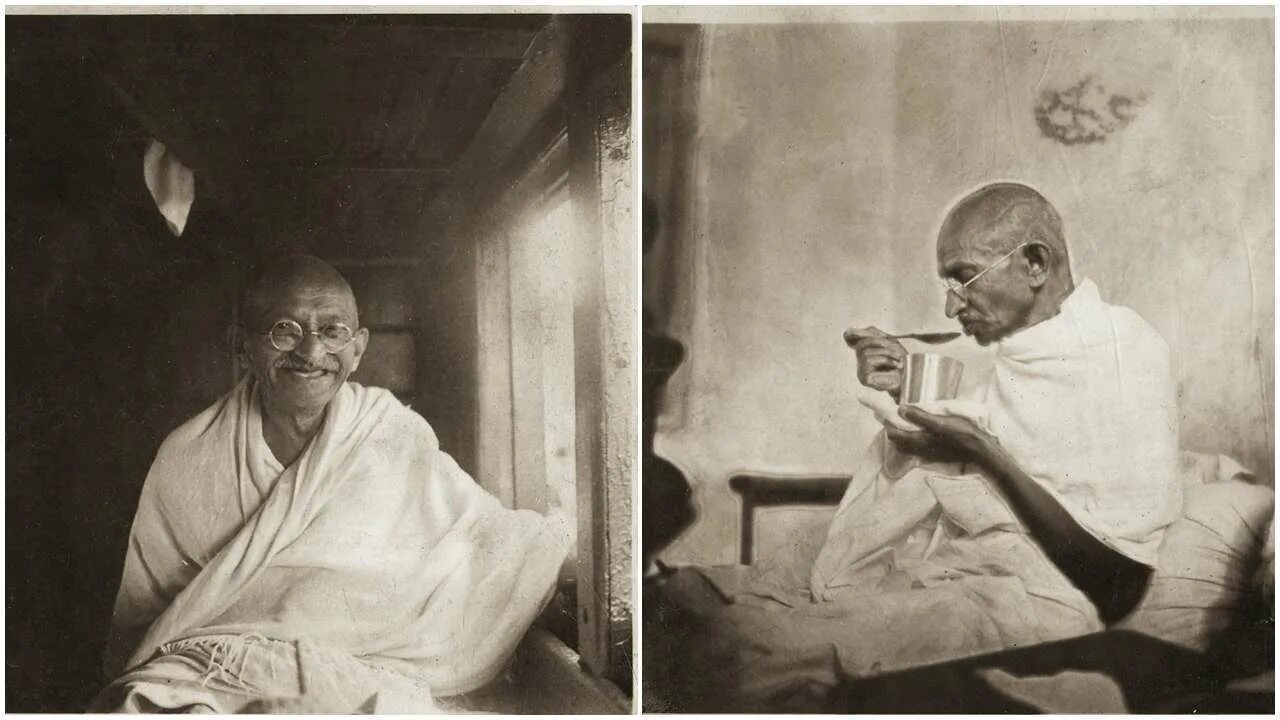 Ганди и вращающееся колесо фото Mahatma Gandhi wearing dhoti with papers in hand walking at Sevagram Ashram Ward