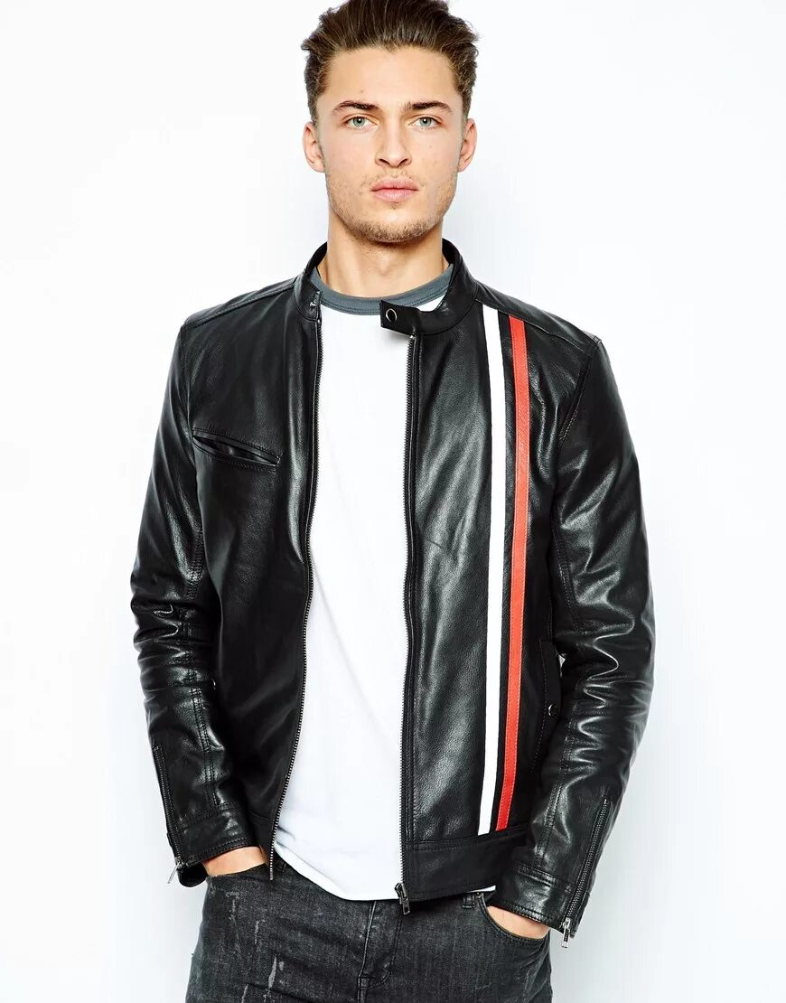 Мужская кожаная куртка тула. ASOS Leather Racing Biker Jacket. Кожаная куртка с полосками. Кожаная куртка с белыми полосками. Кожаная куртка мужская с полосками на рукавах.