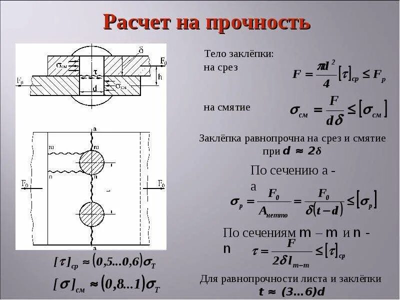 Расчетная срез. Срез и смятие техническая механика. Условие прочности заклепки на смятие. Площадь смятия заклепки формула. Прочность заклепочного соединения на срез.