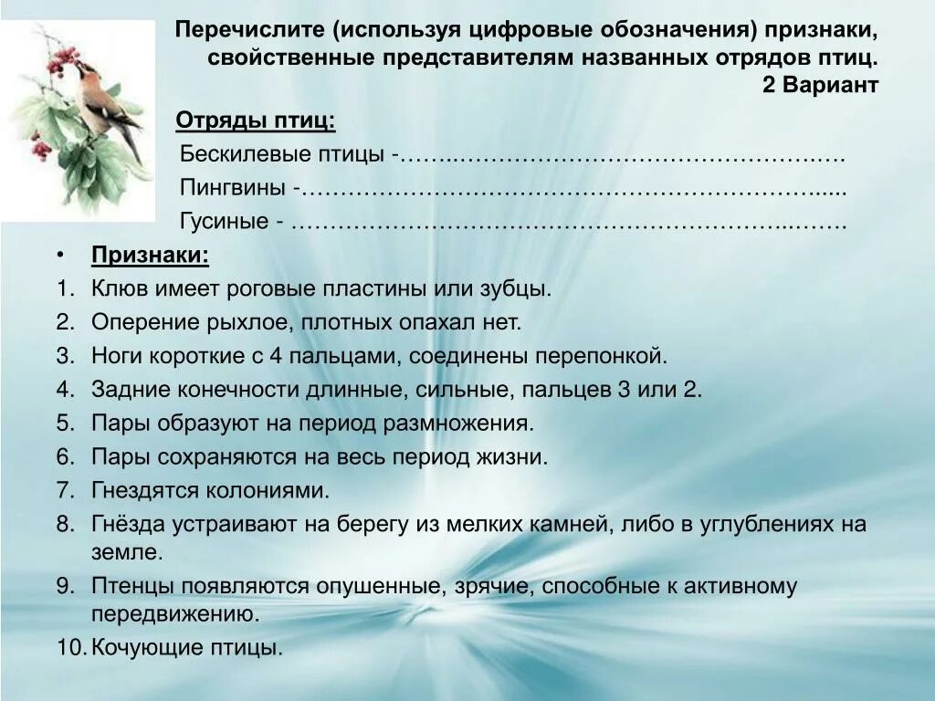 Тест по теме класс птицы ответы. Признаки отрядов птиц. Контрольная работа по биологии по птицам. Проверочная работа по биологии 7 класс класс птицы. Перечислите признаки класса.