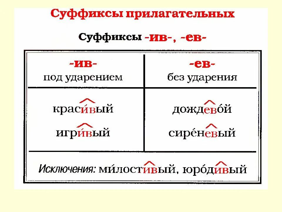 Ев ив в прилагательных. Правописание суффиксов прилагательных (-ов-, -ев-, -ёв-, -ив-, -чив-, -лив-). Ив ев в причастиях. Ев ив в прилагательных. Правописание суффиксов чив-лив- ев-ив- в прилагательных.