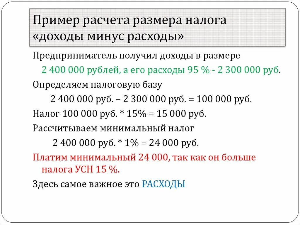 Ип упрощенка сколько платить. Пример расчета налога. УСН как рассчитать налог. Пример расчета налога доход минус расход. Пример расчета налогообложения.