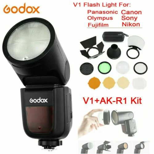 Вспышка godox v1c. Вспышка godox v1-n для nikon. вспышка godox v1-s для sony. вспышка godox v1n for nikon. us godox ad200pro ttl hss 2.4g pocket flash speedlite+h200r round flash head kit.