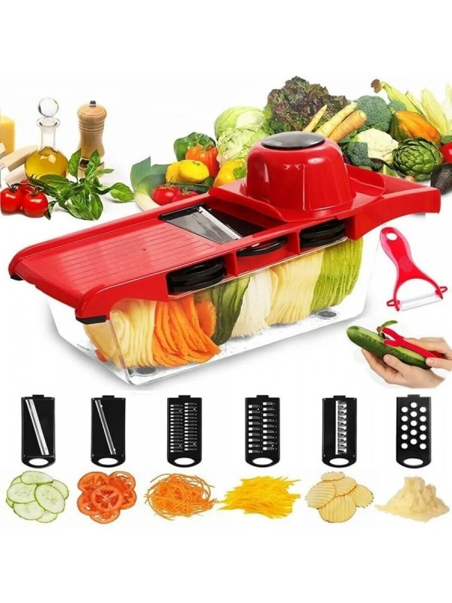 Ручная терка для овощей с насадками. Универсальная терка-слайсер Mandoline Slicer 6 in 1. Овощерезка Mandoline Slicer 6 in 1 c контейнером. Мандолина Slicer овощерезка. Терка для овощей 6в1, красный.