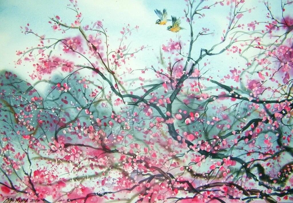 Масло сакуры. Сакура картина. Цветущее дерево акварель. Пейзаж с сакурой акварелью. Цветущая вишня живопись.