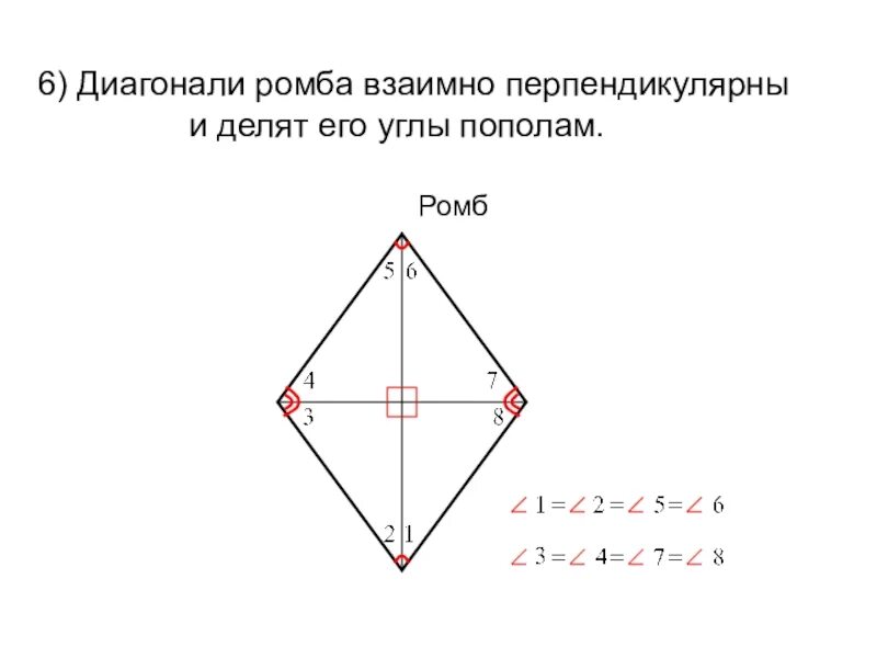 Диагонали ромба. Диагональ ромба делит угол пополам. Диагонали ромба взаимно ПЕРПЕ. Диагонали ромба взаимно перпендикулярны и делят его углы пополам. Сформулируйте свойства диагоналей ромба
