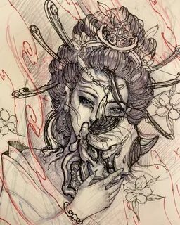 Geisha holding hannya sketch. #chronicink #asiantattoo #asianink #irezumi #...