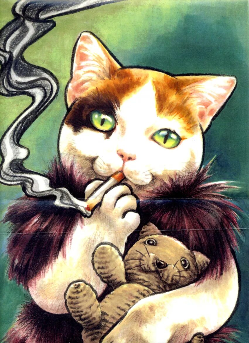 Курящая кошка арт. Кошка с сигаретой. Открытка кошка курит