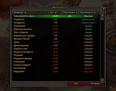 Популяция серверов wow