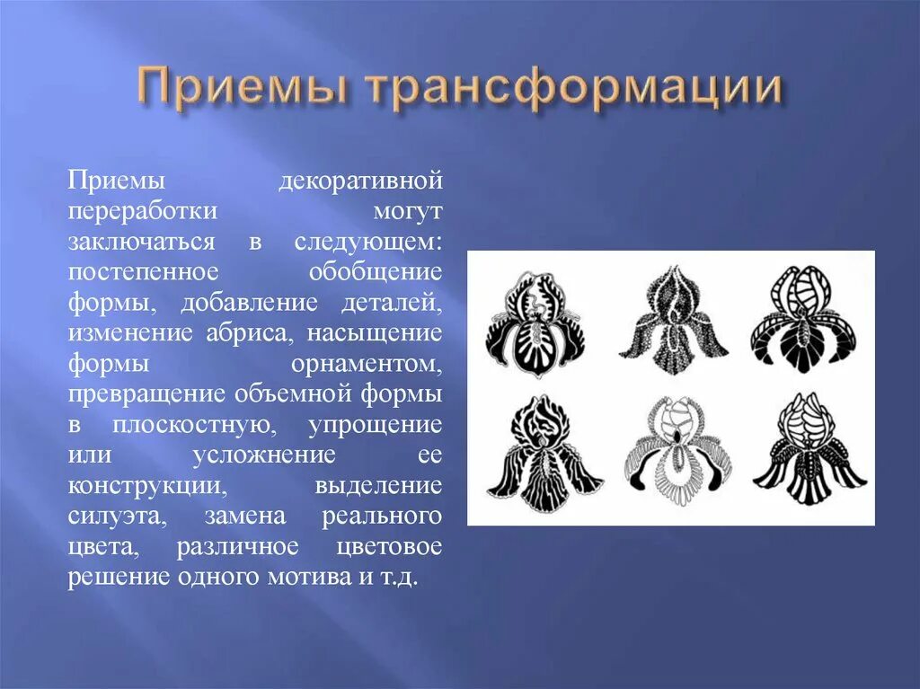 Природные формы информации. Превращение объёмной формы в плоскостную. Стилизация природных форм. Трансформация природных форм. Переработка природных форм в декоративные.