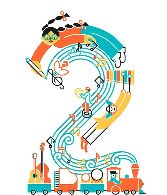 Нотки с цифрами. Number 1. Graphic design for kids. Серебристые ноты. Цифра из музыкальных инструментов.