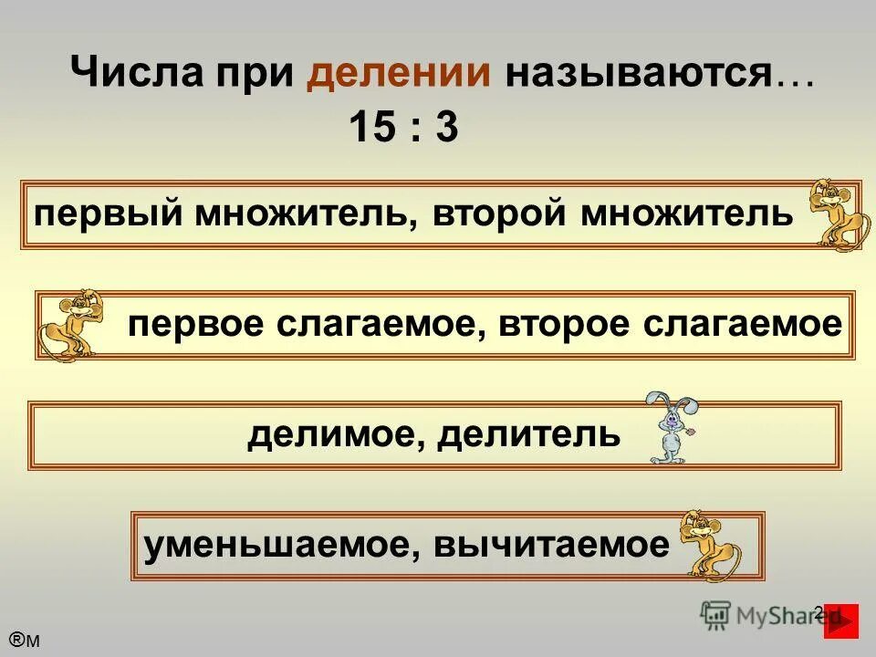 Числа при делении называются. Первый множитель второй. Название чисел при делении. Первое слагаемое второй множитель. Числа при делении 2 класс презентация