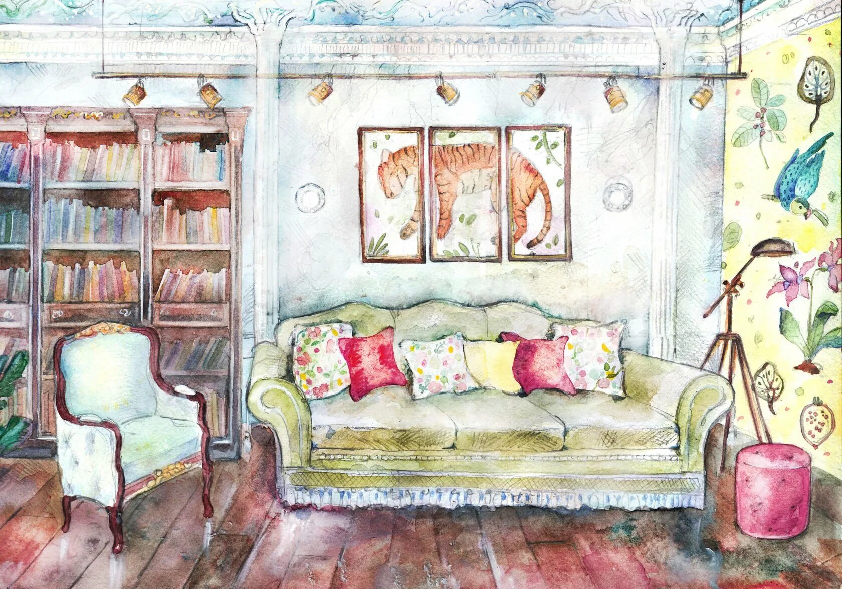 Акварель интерьер германа демина. Интерьер иллюстрация. Рисование интерьера акварелью. Акварель интерьер хай тек картинки перспектива. Современная живопись в интерьере.