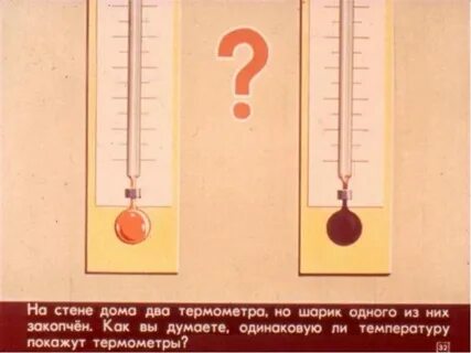 Жидкость в шарике термометра расширяется