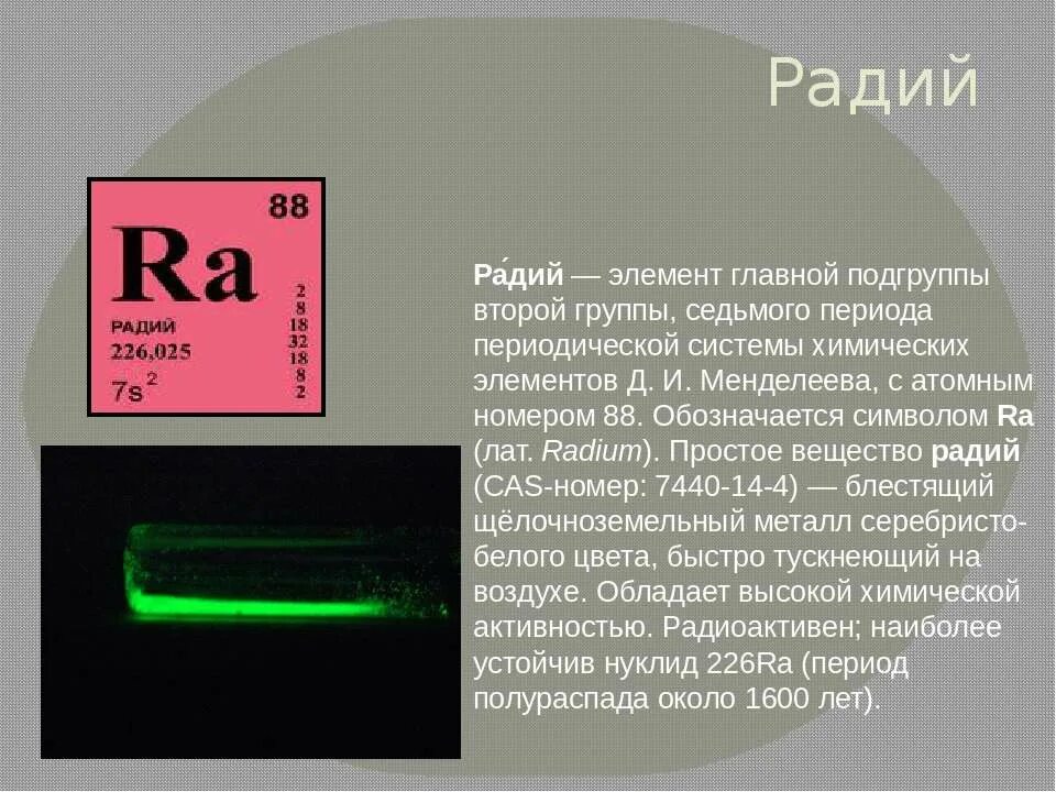 Радий металл химический элемент. Радиоактивный химический элемент Радий. Радий радиоактивность. Радий в таблице Менделеева. 2 период ii группа главная подгруппа элемент