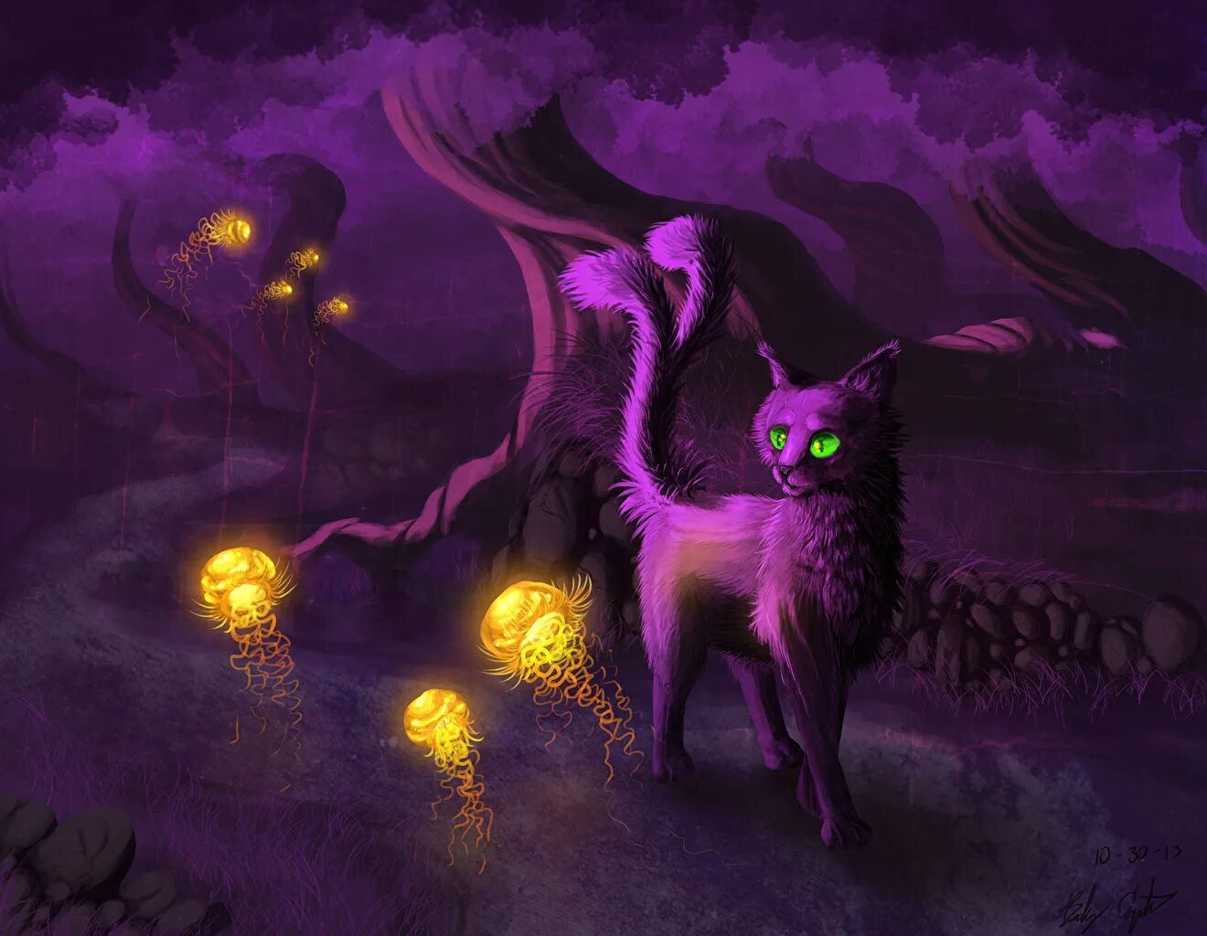Фиолетовый кот монстр. Фиолетовая кошка. Волшебные животные. Волшебные кошки. Мифические кошки.