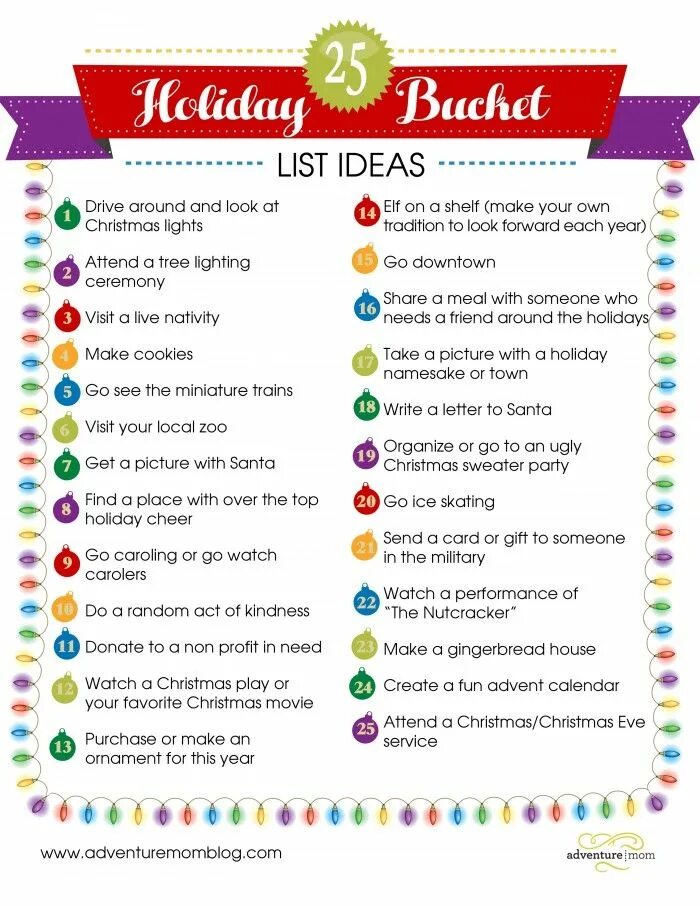 Holiday Bucket list. List of Holidays. Ideas Christmas list. Bucket list ideas.