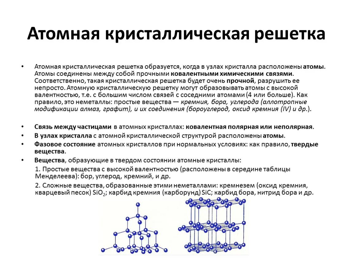 Формула атомной кристаллической решетки. Строение атомной кристаллической решетки. Характеристика атомной кристаллической решетки. Атомно-кристаллическая кристаллическая решетка. Механизм связи атомной кристаллической решетки.