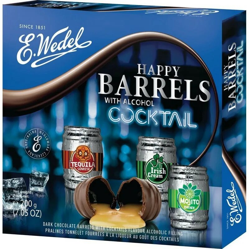 Конфеты с ликером Happy Barrels. Набор конфет e.Wedel Happy Barrels with alcohol Cocktail, темный шоколад, 200г. Конфеты алкогольные бочонки. Конфеты бочонки с алкоголем. Конфеты с алкоголем виды