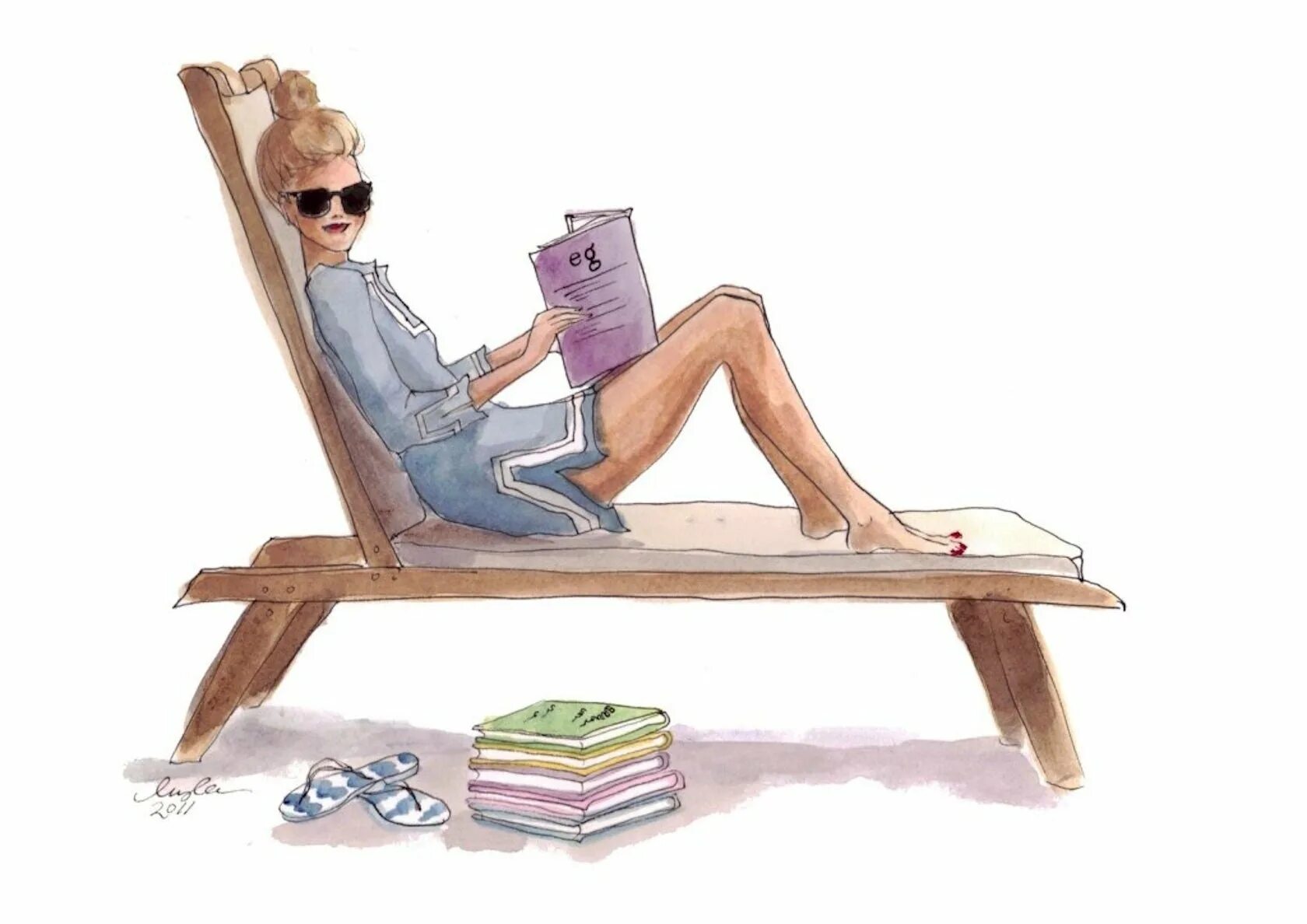 Рисунок человек читает. Девушка на шезлонге. Человек на лежаке. Отдыхать рисунок. Смешные иллюстрации.