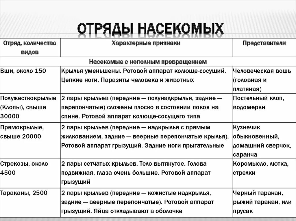 Таблица по биологии 7 класс главные отряды насекомых. Типы развития насекомых отряды насекомых. Сравнительная характеристика отрядов насекомых биология 7 класс. Отряды насекомых вши таблица.