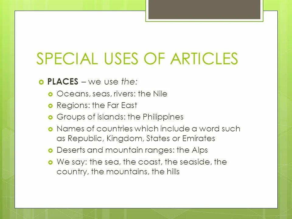 Articles with Oceans. The article Oceans. Do we use a, an the with Oceans. Using a Special.