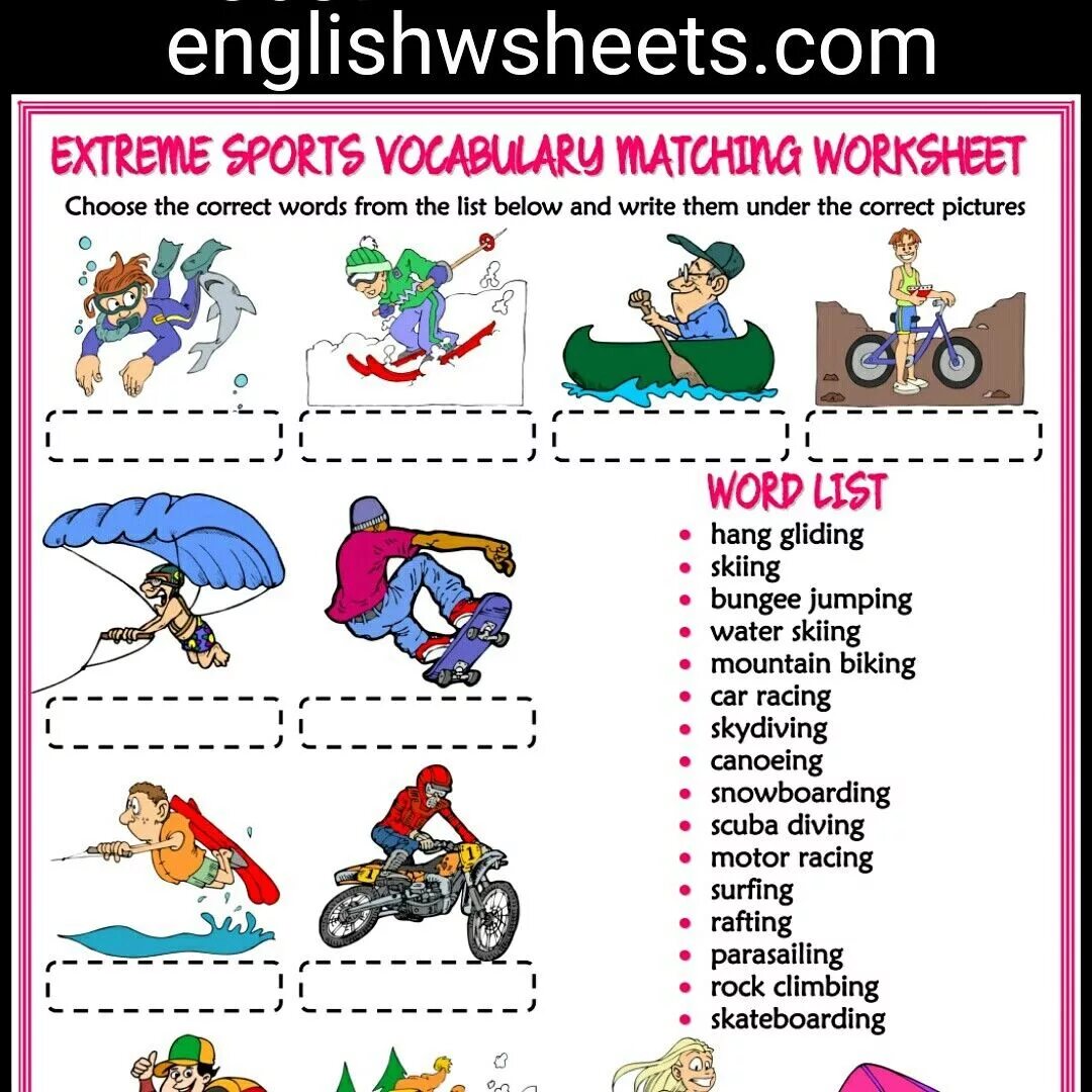 Sports exercises. Спорт Worksheet. Sport Vocabulary for Kids. Extreme Sports Vocabulary exercises. Extreme activities Worksheet.