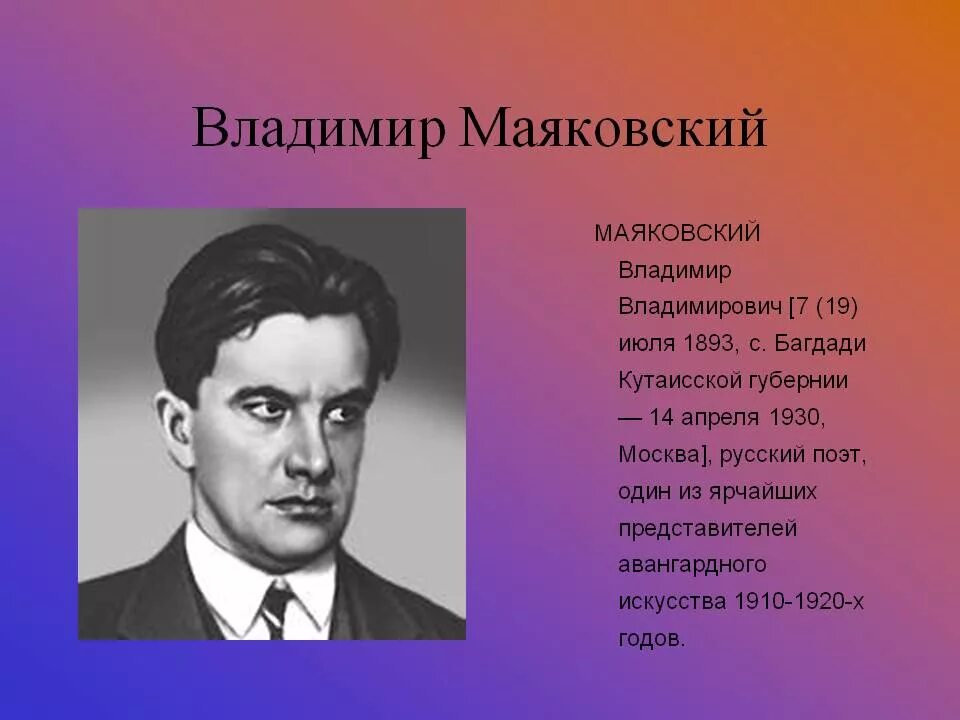 К какому течению относится маяковский. Владимир владимирович маяковский писатели. поэты 20 века маяковский. владимир маяковский (1893–1930). проект владимир владимирович маяковский писатель.