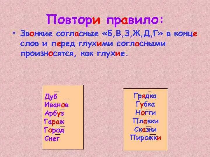 Звонкие и глухие согласные на конце слова. Парные звонкие и глухие согласные примеры. Парные глухие и звонкие согласные на конце слова. Слава с звонкими согласными на Коц.