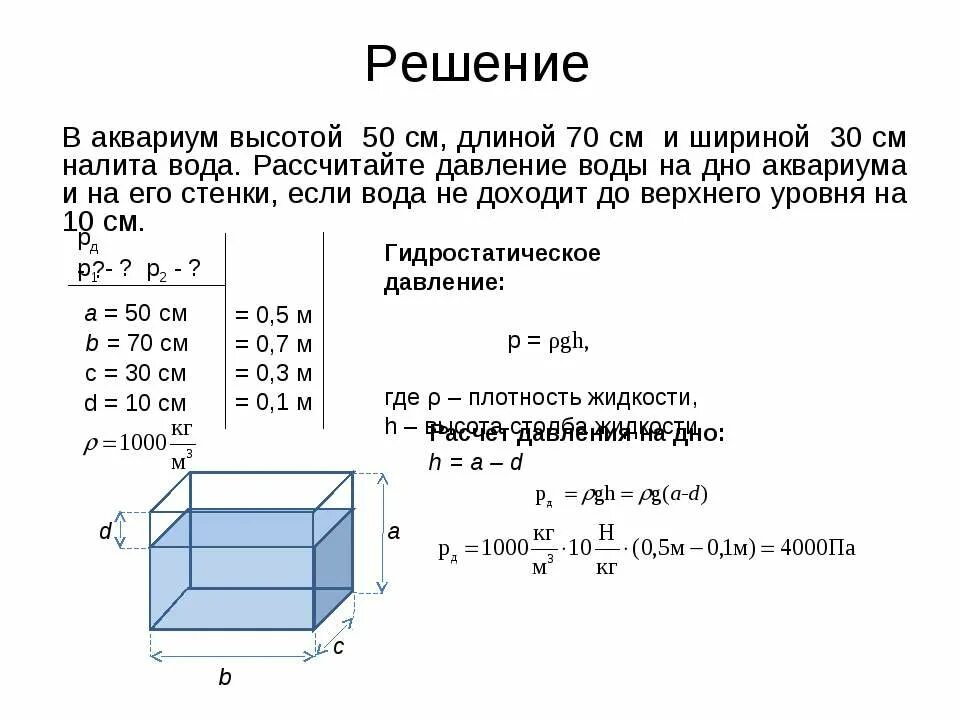 Определите силу давления на стенку аквариума. Как определить давление воды на дно. формула расчета давления жидкости в баке. расчет давления жидкости на дно. давление воды на дно аквариума.