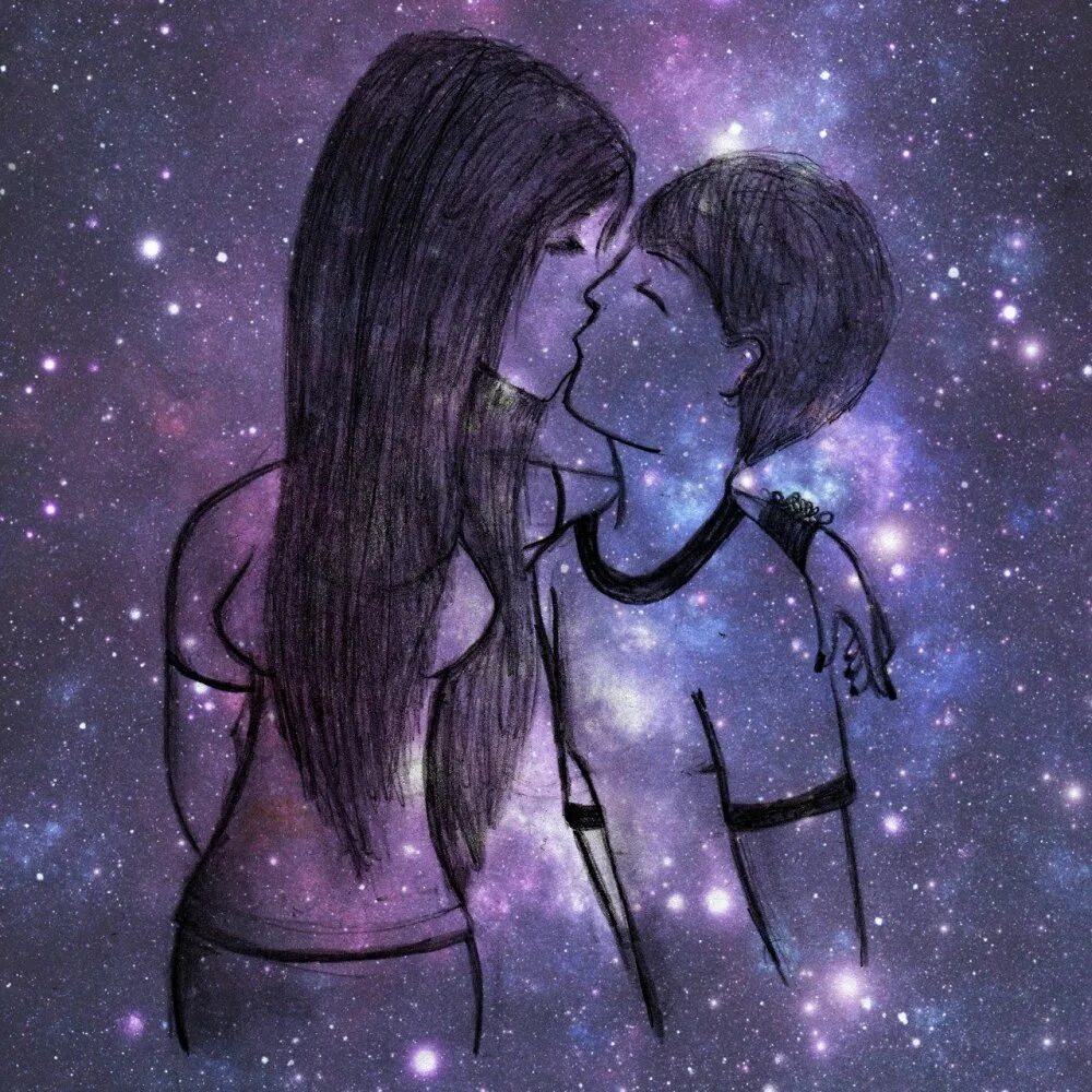 Милые мультяшные пары. Космос любовь. Парень и девушка космос. Поцелуй в космосе. Парная ава для лд