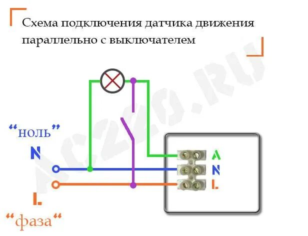 Подключение датчика движения к лампочке. Схема включения лампочки через датчик движения. Схема подключения датчика движения параллельно. Схема принудительного включения датчика движения. Датчик движения для включения освещения схема подключения.