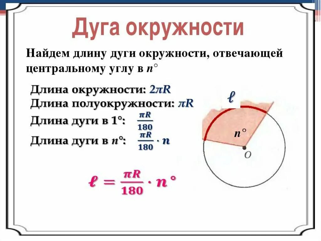 Автомобиль совершает по дуге окружности. Как найти длину дуги окружности радиуса. Как находится длина дуги. Как вычислить длину дуги окружности. Формула дуги через длину.