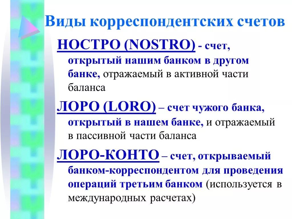 Виды корреспондентских счетов. Типы банковских корреспондентских счетов. Корреспондентский счет виды. Виды открытия корреспондентских счетов.