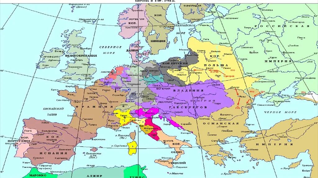 Мир в конце 18 века. Политическая карта Европы середины 18 века.