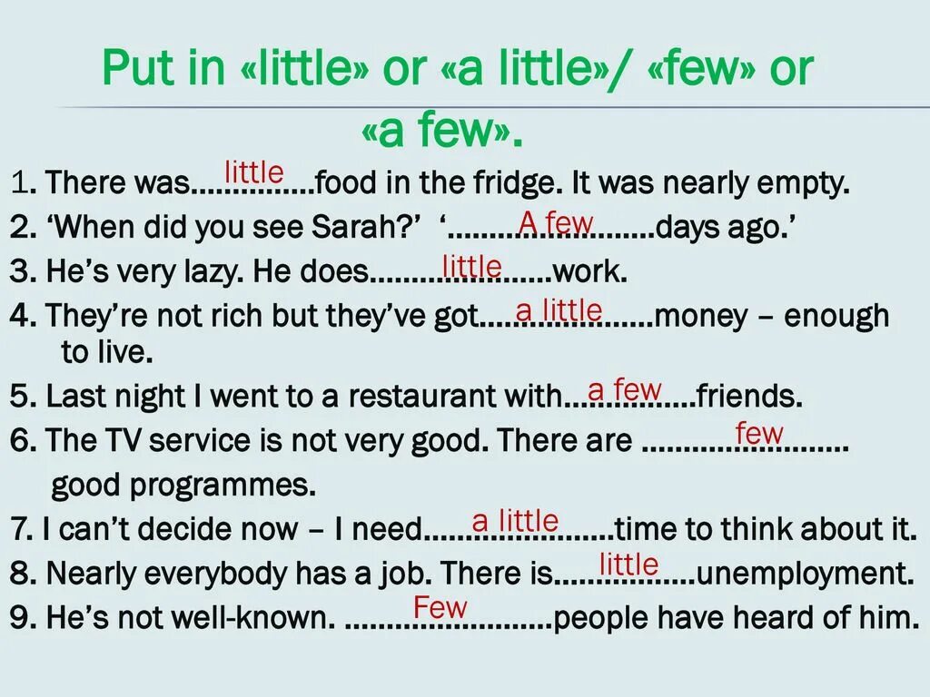 Did you see first. Few little в английском языке. There is a few или there are a few. Предложения с some any much many. Предложения с there are few.