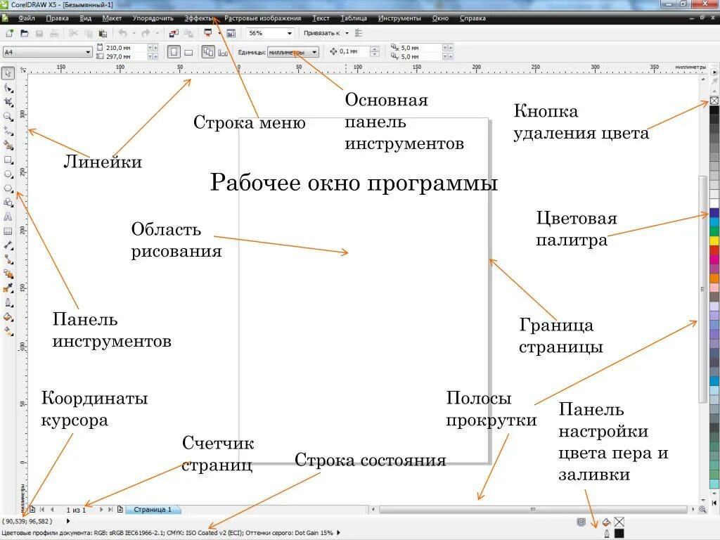 Открыть панель меню. Панель инструментов и строка состояния. Элементы окна программы. Coreldraw панель инструментов. Рабочее окно coreldraw.