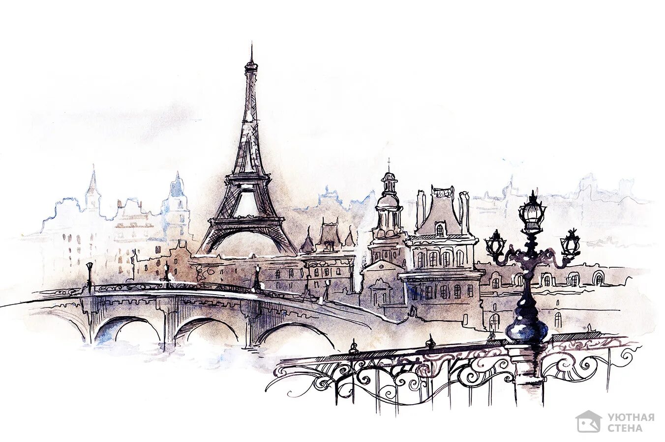 Фреска Париж Эйфелева башня. Стилизованный городской пейзаж. Франция Графика. Город рисунок. French cities