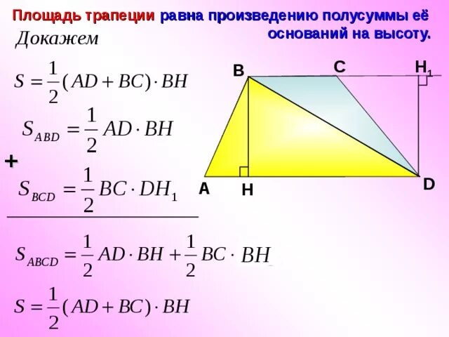 Площадь трапеции доказательство теоремы 8 класс. Теорема о площади трапеции 8 класс. Теорема о площади трапеции с доказательством. Доказательство формулы площади трапеции.