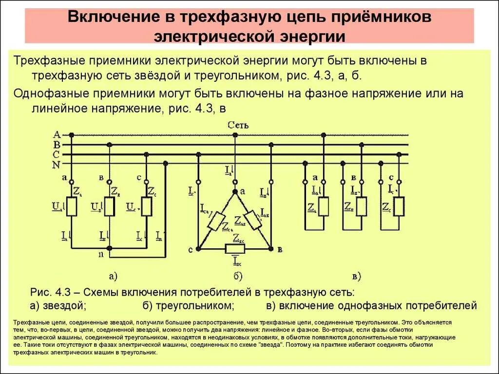 Какое напряжение в нуле. Трёхфазная цепь треугольник-звезда фазные напряжения. схема подключения 3 фазного электрического тока. схема звезда и треугольник фазное напряжение. электрическая схема при однофазном соединении приемников.