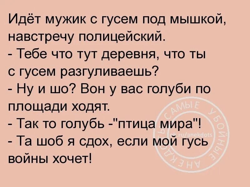 Бля буду текст. Мой Гусь тоже войны не хочет анекдот. Гусь войны не хочет анекдот. Анекдот про гуся. Анекдот про гуся и голубя.