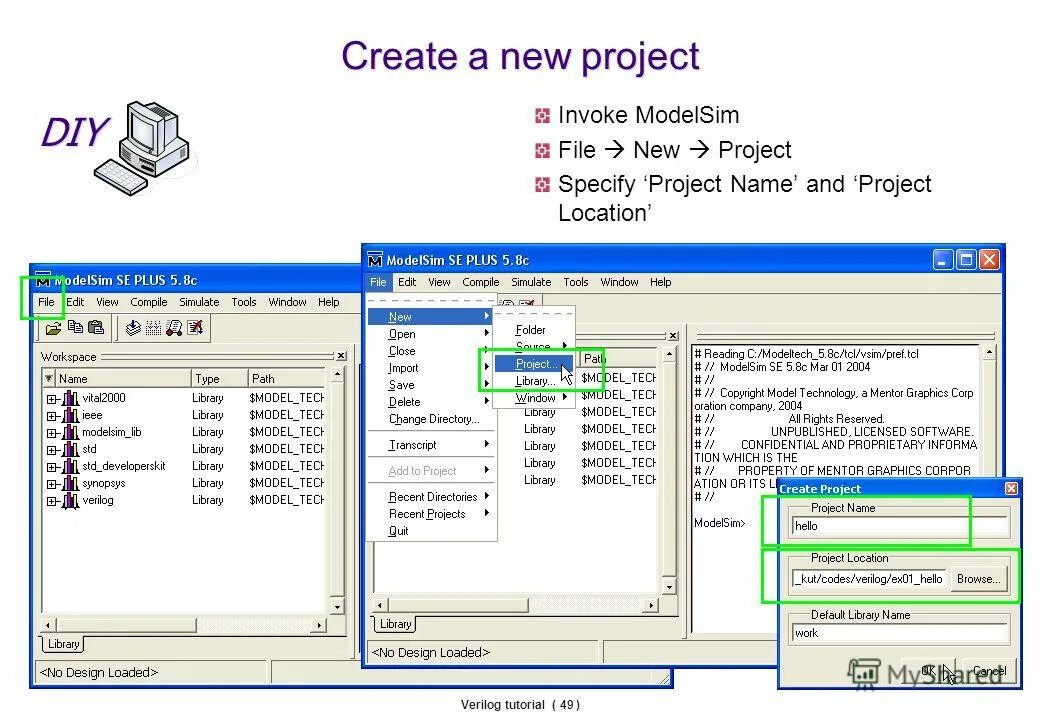 Project file. Mentor graphics modelsim. new project. create new project. modelsim для чайников.