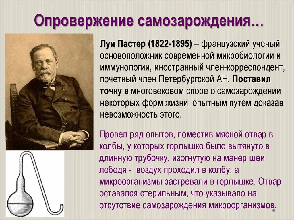 Какие опыты показали невозможность самозарождения жизни. Луи Пастер теория самозарождения. Теория самозарождения жизни на земле. Гипотеза самозарождения жизни на земле. Самопроизвольное Зарождение жизни опыт.