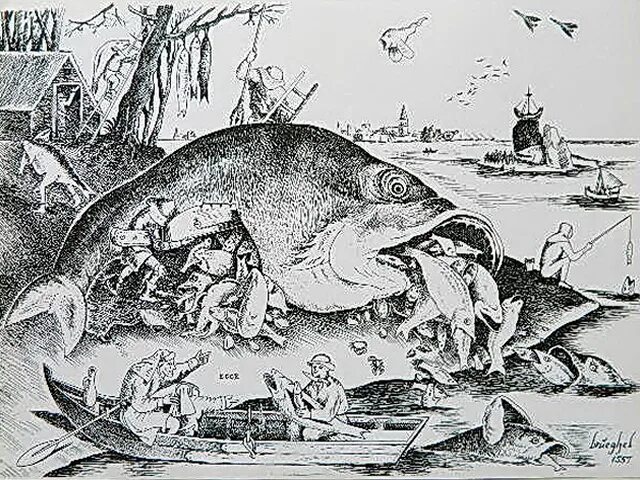 Рыб на суше из мультика. Большие рыбы едят маленьких. Питер брейгель старший рыба гравюра. Питер брейгель большие рыбы пожирают маленьких. Большие рыбы едят маленьких.