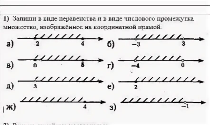 Задайте неравенством числовой промежуток на рисунке. Запиши в виде неравенства. Запишите числовой промежуток в виде множества. Запишите числовой промежуток в виде множества -4 и 2. Запиши числовой промежуток в виде множества 7.
