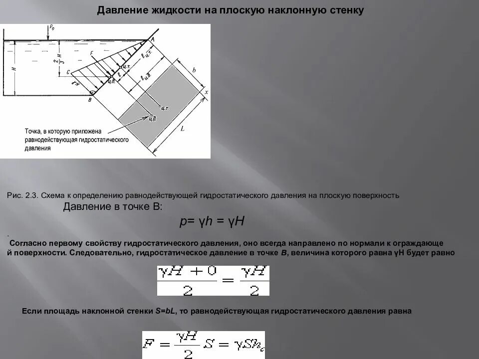 Рассчитай силу давления на герметизирующую крышку площадью. Сила гидростатического давления на наклонную стенку. Сила гидростатического давления на плоскую стенку. Гидростатическое давление на наклонную плоскую стенку. Формула силы гидростатического давления на плоские поверхности.